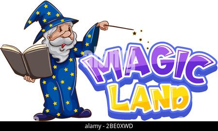 Schriftdesign für Wortmagieland mit alter Zaubererillustration Stock Vektor