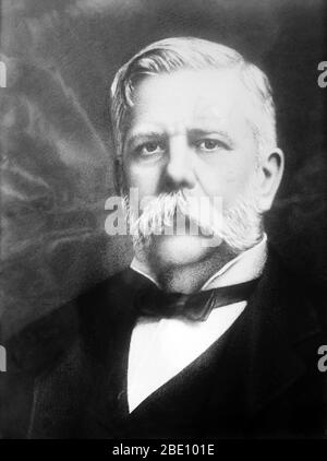 George Westinghouse, Jr. (6. Oktober 1846 - 12. März 1914) war ein amerikanischer Unternehmer und Ingenieur, der die Eisenbahn-Luftbremse erfand und ein Pionier der Elektroindustrie war. Westinghouse war einer der Hauptrivalen von Edison in der frühen Implementierung des amerikanischen Stromsystems. Westinghouse System letztlich überwog Edison Beharren auf Gleichstrom. 1893 erhielt die Westinghouse-Firma den Auftrag, ein AC-Netz zur Stromversorgung der Weltausstellung in Chicago einzurichten, was dem Unternehmen und der Technologie eine breite positive Werbung verlieh. Er erhält auch Stockfoto