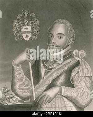 Sir Francis Drake, Vizeadmiral (1540-1596) war ein englischer Seekapitän, Privatmann, Seefahrer, Sklavenjäger, Entdecker und Politiker der elisabethanischen Ära. Er war zweiter Befehlsgewalt der englischen Flotte gegen die spanische Armada im Jahr 1588. Er führte die zweite Weltumrundung von 1577 bis 1580 durch. Er starb 1596 an Ruhr, nachdem er San Juan, Puerto Rico, erfolglos angegriffen hatte. Seine Heldentaten waren legendär und machten ihn zu einem Helden der Engländer, aber zu einem Piraten der Spanier, denen er als El Draque bekannt war. König Philipp II. Soll eine Belohnung von 20,000 Dukaten, etwa 6.5 Millionen Dollar, angeboten haben Stockfoto