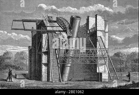 72-Zoll-Spiegelteleskop in Birr Castle, Parsonstown, Irland. "Leviathan", fertiggestellt 1845, war bis zum frühen 20. Jahrhundert das größte Teleskop der Welt. William Parsons, 3. Earl of Rosse (17. Juni 1800 - 31. Oktober 1867) war ein anglo-irischer Astronom. Er erbte ein Earldom und ein großes Anwesen in King's County, Irland, als sein Vater Lawrence Parsons, 2. Earl of Rosse, 1841 starb. Dort führte er astronomische Studien und entdeckte die Spiralnatur einiger Nebel, heute bekannt als Spiralgalaxien. Sein 72-Zoll-Teleskop, Leviathan, Baujahr 1845, war das größte Teleskop der Welt Stockfoto