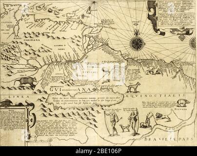 Karte von Guyana und Brasilien mit dem Amazonas-Fluss, wilden Tieren, einem kopflosen Mann "des Landes Ewaipanoma", einer Amazonas-Frau, und dem fiktiven Parime-See, an dessen Nordufer die Stadt El Dorado liegt. El Dorado war die legendäre "Lost City of Gold", die die Entdecker seit den Tagen der spanischen Konquistadoren faszinierte und angeblich am legendären Parime-See im Hochland von Guyana lag. Diese Karte ist von einer etwas früheren Karte von Jodocus Hondius angepasst, obwohl der Titel besagt, dass die Karte wurde "surveyed und gezeichnet von einem Seemann, begleitet Walter Raleigh auf seiner Stockfoto