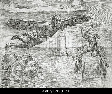 Der Fall des Ikarus, alternativer Titel: Daedalus Icaro alta nimis ambienti orbatur. Radierung erschienen in: Die Metamorphosen von Ovid, Platte 75, zweite Auflage illustriert von Antonio Tempesta, erschienen 1606. Ikarus war der Sohn des Daedalus, der es wagte, zu nahe an die Sonne auf Flügeln aus Federn und Wachs zu fliegen. Daedalus war von König Minos von Kreta innerhalb der Mauern seiner eigenen Erfindung, dem Labyrinth, gefangen gehalten worden. Aber das Genie des großen Handwerkers würde nicht Gefangenschaft erleiden. Er machte zwei Paar Flügel, indem er Federn an einem Holzrahmen mit Wachs klebte. Er gab seinem Sohn ein Paar und warnte ihn, dass er zu fliegen Stockfoto