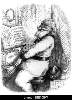 Betitelt: "Denn er ist ein fröhlicher guter Kerl, so sagen wir alle" Gravur von Santa Claus spielen das Klavier. Der Weihnachtsmann, auch bekannt als Nikolaus, Weihnachtsmann, Kris Kringle und einfach der Weihnachtsmann, ist eine Figur mit legendären, historischen und folkloristischen Ursprüngen, die in vielen westlichen Kulturen am 24. Dezember, der Nacht vor Weihnachten, Geschenke in die Häuser der guten Kinder bringen soll. Er wird im Allgemeinen als ein portly dargestellt, freudiger, weißbärtiger Mann, manchmal mit Brille, trägt einen roten Mantel mit weißem Kragen und Manschetten, weiß gefesselte rote Hose, und schwarzen Ledergürtel und Stiefel und Stockfoto