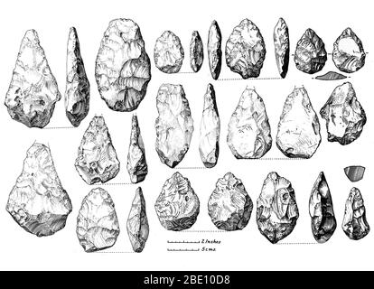 Acheulean bifacial Tools (Hand-Axes) von Burnham Beeches, Bucks. Obere Boyn Hill Terrasse. Acheulean ist eine archäologische Industrie der Steinwerkzeuge Herstellung durch markante ovale und birnenförmige "Hand-Achsen" mit frühen Menschen verbunden gekennzeichnet. Acheulean Werkzeuge wurden während der unteren Paläolithikum-Ära hergestellt. Das untere Paläolithikum ist die früheste Unterteilung des Paläolithikums oder der alten Steinzeit. Sie reicht von vor rund 2.5 Millionen Jahren, als die ersten Zeugnisse von Handwerk und Einsatz von Steinwerkzeugen durch Hominiden in der aktuellen archäologischen Ureinlage erscheinen, bis vor etwa 300,000 Jahren. Stockfoto