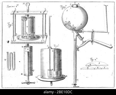 Robert Boyles Apparat zur Verdichtung der Luft. Abbildung 1: Mecurial Manometer. Abbildung 3: Vorrichtung zur Luftverdichtung Abbildung 4: Eine Windkanone. Aus "EINE Fortsetzung neuer Experimente physikalisch-mechanisch berühren die Feder und das Gewicht der Luft", von Robert Boyle, 1682. Robert Boyle (1627-1691) war ein Naturphilosoph, Chemiker, Physiker und Erfinder des 17. Jahrhunderts. Obwohl seine Forschung eindeutig in der alchemistischen Tradition verwurzelt ist, gilt Boyle heute weitgehend als der erste moderne Chemiker und damit einer der Begründer der modernen Chemie und einer der Pioniere der modernen experimentellen Wissenschaft Stockfoto