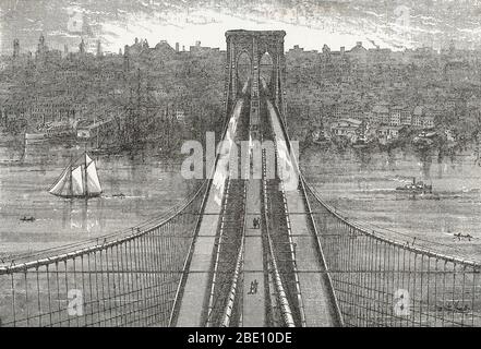 Der Blick von der Spitze des Brooklyn Tower, mit Blick auf die Brooklyn Bridge und in Richtung New York. Aus einer unbekannten Broschüre über die Brücke, 1883. Die Brooklyn Bridge ist eine der ältesten Hängebrücken der Vereinigten Staaten. Das 1883 fertiggestellte Hotel verbindet die Bezirke Manhattan und Brooklyn über den East River. Mit einer Spannweite von 1,595.5 Fuß war sie die längste Hängebrücke der Welt von ihrer Eröffnung bis 1903 und die erste Stahldrahthängebrücke. Ursprünglich als New York und Brooklyn Bridge und als East River Bridge bezeichnet, war es formell nam Stockfoto