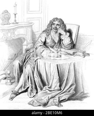 Jean-Baptiste Poquelin, bekannt unter seinem Künstlernamen Molière (Januar 15,1622 - Februar 17,1673), war ein französischer Dramatiker und Schauspieler, der als einer der größten Meister der Komödie in der westlichen Literatur gilt. Dreizehn Jahre als Wanderschauspieler halfen ihm, seine komischen Fähigkeiten zu verbessern, während er zu schreiben begann, indem er Commedia dell'arte Elemente mit der raffinierteren französischen Komödie kombinierte. Obwohl er die Verhöfung des Hofes und der Pariser erhielt, zogen Molière Satiren Kritik von Moralisten und der katholischen Kirche an. Tartuffe und seine Attacke auf wahrgenommene religiöse Heuchelei rundweg erhalten c Stockfoto