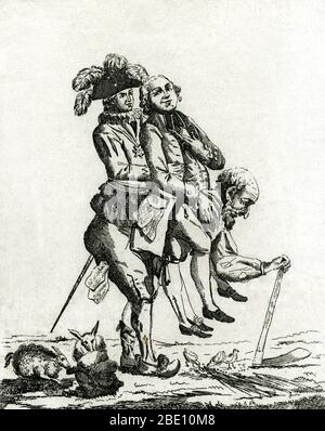 Titel: 'A faut esperer q'eu se jeu la finira bentot.' Zeigt den Adel und den Klerus, der die allgemeinen Güter vertritt, auf dem Rücken eines Mannes, der die Arbeiterklasse vertritt, oder einen dritten Hof; Der Mann ist unter seinem Gewicht gebeugt und stützt sich, indem er sich auf ein adz-ähnliches Werkzeug stützt, während um seine Füße Vögel und Kaninchen am Produkt seiner Arbeit schnammen. Die Generalstände von 1789 waren die erste Sitzung seit 1614 der französischen Generalstände, eine Generalversammlung, die die französischen Güter des Reiches vertritt: Den Klerus (erster Stand), die Adligen (zweiter Stand) und das einfache Volk Stockfoto