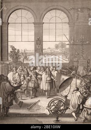 Abbildung: Darstellung der Besuch von König Ludwig XIV. von Frankreich an der Königlichen Akademie der Wissenschaften in Paris im Jahre 1671. Die französische Akademie der Wissenschaften ist eine gelehrte Gesellschaft, 1666 gegründet von Louis XIV auf Anregung von Jean-Baptiste Colbert, zu fördern und den Geist der französischen wissenschaftlichen Forschung schützen. Es war an der Spitze der wissenschaftlichen Entwicklungen in Europa im 17. und 18. Jahrhundert und ist eine der ältesten Akademien der Wissenschaften. Auf der Vorderseite sind, von links nach rechts, der Prince de Condé, Duc d'Orléans, Ludwig XIV., und Colbert. Der Astronom Cassini, deutete mit seinem linken ha Stockfoto