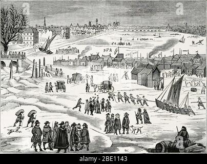 Eine Frostmesse an der Themse, die flussabwärts in Richtung London Bridge blickt, während des Großen Frosts von 1683-4, als der Fluss zwei Monate lang völlig gefroren war. Es war der am schlimmsten verzeichnete Frost in England und ähnliche Bedingungen betroffen viel von Europa als auch. Die Zeit zwischen dem 15. Und frühen 19. Jahrhundert war als die kleine Eiszeit bekannt. Die kleine Eiszeit war eine Periode der Abkühlung, die während einer Periode stattfand, die allgemein angenommen wurde, um vom 16. Bis zum 19. Jahrhundert zu laufen, obwohl einige das Startdatum im frühen 14. Jahrhundert platzieren. In der Zeit von 1645 bis 1715, mitten in der Kleinen Eiszeit Stockfoto