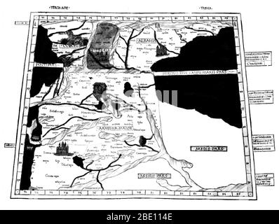 Ptolemäus Karte von Armenien mit der Arche Noah auf dem Berg Ararat war auf der Beschreibung von Ptolemäus buch Geographia enthalten, geschrieben 150 AD. Obwohl verbindlich Karten nie gefunden wurden, die geographia enthält Tausende von Referenzen zu den verschiedenen Teilen der alten Welt, mit Koordinaten für die meisten, die kartographen Ptolemäus Weltbild zu rekonstruieren, wenn das Manuskript wurde um 1300 N.CHR. entdeckt. Der vielleicht wichtigste Beitrag von Ptolemäus und seine Karten ist der erste Verwendungen von Längs- und Längenkoordinaten Linien und die Angabe der terrestrischen Standorten durch himmlische obse Stockfoto