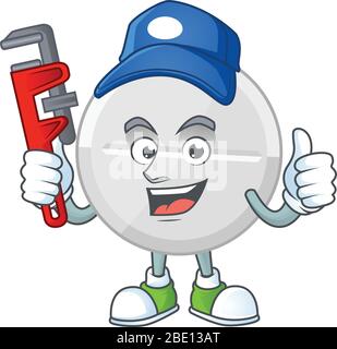 Maskottchen Design Konzept der weißen Pillen arbeiten als intelligente Plumber Stock Vektor