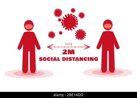 Soziale Distanz, einfache flache Illustration. COVID 19 Soziale Distanzierung oder physische Distanzierung ist eine Reihe von nicht-pharmazeutischen Interventionen Stockfoto