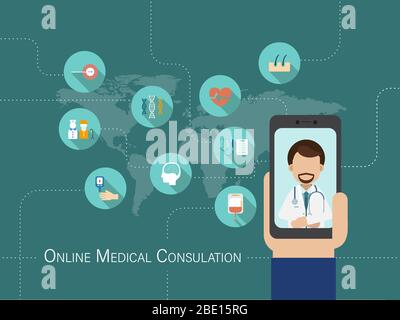 Online-medizinische Beratung Konzept mit Arzt sprechen mit Patienten Online-Vektor-Illustration Stock Vektor