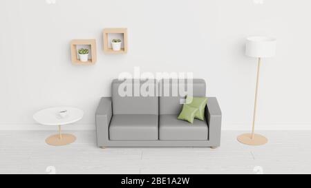 Minimalistisches Wohnzimmer mit einem grauen Sofa, einer Lampe, Kaktus in Rahmen an der Wand und einer Tasse Kaffee auf einem Tisch. Holzfußboden. 3D-Rendering. Stockfoto