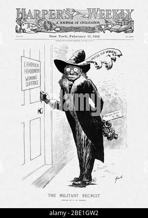 EDWARD KEMBLE (1861-1933) amerikanischer Illustrator wird gewöhnlich als E.W.Kemble zitiert. Ein Harper's Weekly Cartoon 17. Februar 1912 zeigt Theodore Roosevelt klopft an die Tür des Kampagnen-HQ für Frauenwahlrecht. Roosevelt war der einzige große Kandidat in der republikanischen Kaukasus 1912 zu befürworten Frauen das Recht auf Stimmabgabe. Stockfoto