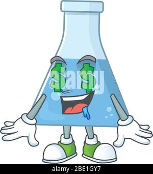 Maskottchen Charakter Stil der reichen blauen chemischen Flasche mit Geld Augen Stock Vektor