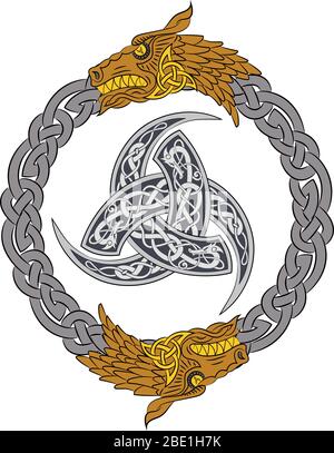 Goldene Drachen in silbernem Kranz mit Dreifach-Horn von Odin mit skandinavischen Ornamenten verziert Stock Vektor