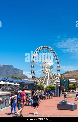 Kapstadt, Südafrika - 29. Januar 2020: Riesenrad an der Victoria & Alfred Waterfront. Platz für Text kopieren. Vertikal Stockfoto