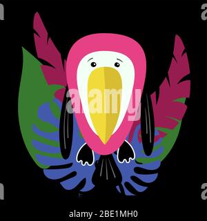Lustige und niedliche Cartoon Tukan mit Monstera Blätter und plumeria. Komposition mit tropischen Vögeln und Pflanzen mit schwarzem Hintergrund. Flacher Vektor Stock Vektor