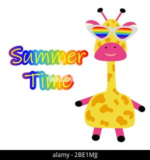 Lustige niedliche Giraffe mit Brille und der Aufschrift Sommerzeit Poster für eine Sommerparty, Strand und Kinderurlaub. Stock Vektor