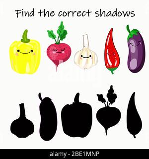 Finden Sie die richtige Farbe für Gemüse. Lernspiel für Kinder. Finde den richtigen Schatten. Kinder Aktivität mit Cartoon Gemüse.. Stock Vektor