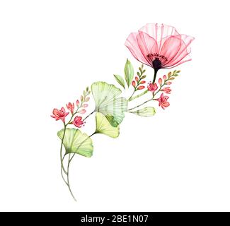 Mit Blumenmuster und Aquarellrand. Diagonales Designelement. Abstrakte Mohn Blume mit exotischen fresia isoliert auf weiß. Botanische Illustration für Karten Stockfoto