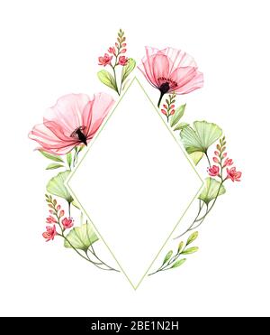 Aquarell Blumenrahmen. Vertikale Rhombenvorlage. Transparente Mohnblumen und Platz für Text. Handbemalte Feder Illustration für Logo und Hochzeit Stockfoto