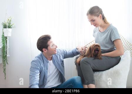 Fröhliches junges kaukasisches Paar, das auf der Couch zuhause im Wohnzimmer pettend und ihre braune Pfütze umarmte Stockfoto