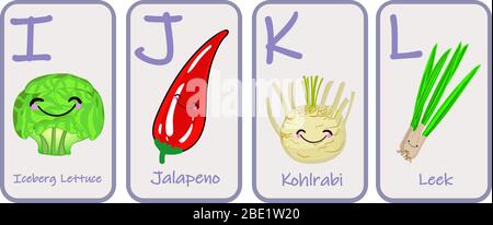 Illustration mit lustigen Figuren. Kinder Schriftart im Cartoon-Stil GEMÜSE . Satz von bunten hellen Buchstaben für Inschriften UND TRAINING Stock Vektor