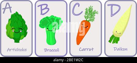 Illustration mit lustigen Figuren. Kinder Schriftart im Cartoon-Stil GEMÜSE . Satz von bunten hellen Buchstaben für Inschriften UND TRAINING Stock Vektor