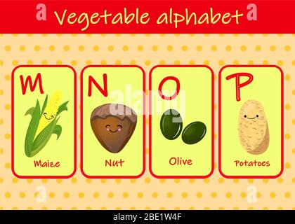 Illustration mit lustigen Figuren. Kinderschrift im Cartoon-Stil GEMÜSE . Satz von bunten hellen Buchstaben für Inschriften UND TRAINING Stock Vektor