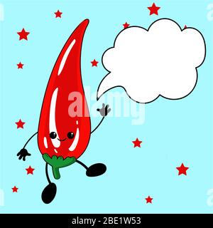 Cartoon kawaii Essen - scharfe Chili-Pfeffer auf weißem Hintergrund, Karte oder Poster Vorlage mit Text, helle Farben, niedlichen lächelnden Charakter. Vektor flach Stock Vektor