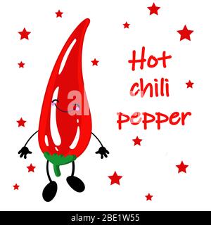 Cartoon kawaii Essen - scharfe Chili-Pfeffer auf weißem Hintergrund, Karte oder Poster Vorlage mit Text, helle Farben, niedlichen lächelnden Charakter. Vektor flach Stock Vektor