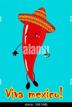 Viva Mexiko, traditionelle mexikanische Phrase Urlaub, Schriftzug Vektor Illustration.Vektor-Illustration eines würzigen Chili-Pfeffer mit Flamme. Cartoon rot Stock Vektor