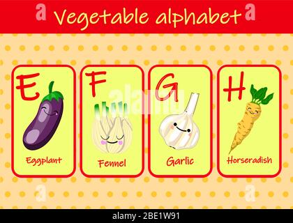 Illustration mit lustigen Figuren. Kinderschrift im Cartoon-Stil GEMÜSE . Satz von bunten hellen Buchstaben für Inschriften UND TRAINING Stock Vektor
