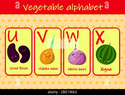 Illustration mit lustigen Figuren. Kinderschrift im Cartoon-Stil GEMÜSE . Satz von bunten hellen Buchstaben für Inschriften UND TRAINING Stock Vektor