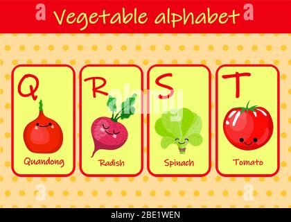 Illustration mit lustigen Figuren. Kinderschrift im Cartoon-Stil GEMÜSE . Satz von bunten hellen Buchstaben für Inschriften UND TRAINING Stock Vektor