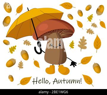 Herbsthintergrund mit gelben Blättern und Regenschirm vom Regen. Herbstpilz. Stock Vektor