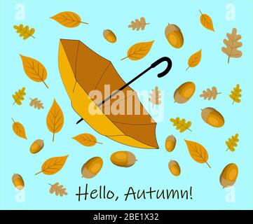 Herbsthintergrund mit gelben Blättern und Regenschirm. Stock Vektor