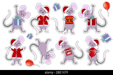 Chinesisches Sternzeichen Jahr der Ratte, Aufkleber für Kinder Frohes chinesisches Neujahr 2020 Ratte. Stock Vektor