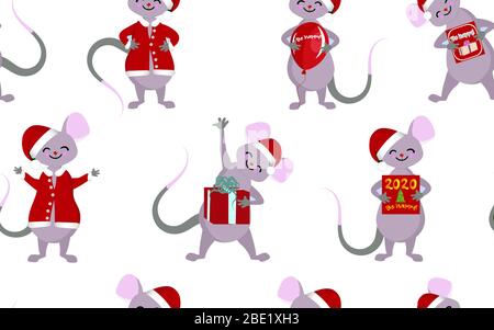 Weihnachten nahtloses Muster. Neujahrssymbole von 2020. Mäuse und Ratten mit Geschenken und Grüßen. Stock Vektor