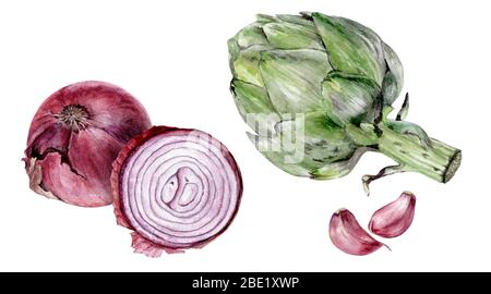 Lila Zwiebelbirne Artischocke Knoblauch Set Aquarell isoliert auf weißem Hintergrund Stockfoto