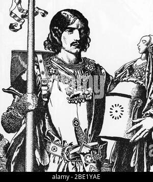 'Legende arthurienne : Portrait de Lancelot du Lac, le chevalier Blanc' (Portrait von Lancelot (Launcelot), dem weißen Ritter) Illustration d'Howard Pyle Stockfoto