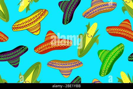 Muster im mexikanischen Stil. Muster nahtloses Muster mit Sombrero und Mais. Kann als Hintergrund, Geschenkpapier, Abdeckungen, Stoffe, etc. Verwendet werden. Stock Vektor