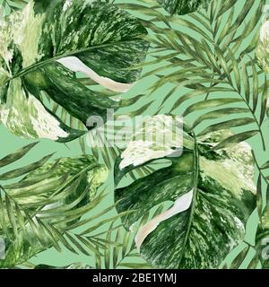 Handgezeichnete Aquarellillustration mit tropischem Blatt. Nahtloses Muster. Stockfoto