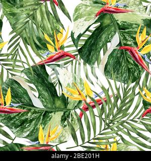 Tropisches Blatt mit Strilizia handgezeichneter Aquarell-Nahtloses Muster. Stockfoto
