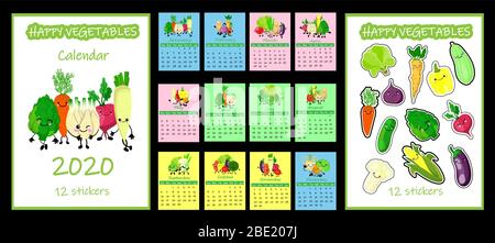 Kinderkalender 2020. Vector GEMÜSE SAMMLUNG Woche beginnt in AUFERSTEHUNG. 12 Monate auf SEPARATEN Seiten. Vektorgrafik. GESCHENK GEMÜSE Stock Vektor
