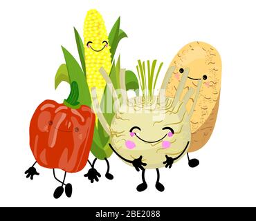 MERRYY FREUNDE GESUNDE ERNÄHRUNG. FRISCHE NATÜRLICHE GEMÜSE PERSONEN EIN Cartoon-Bild mit großen Augen. Comic-Charakter im Kawaii-Stil. Vektorgrafik. Stock Vektor