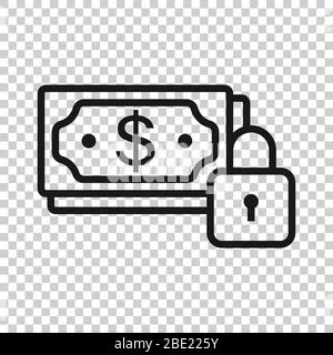 Dollarbanknote mit Schlosssymbol im flachen Stil. Dollar-Cash-Safe-Vektorgrafiken auf weißem isoliertem Hintergrund. Banknotenrechnung Sicherheit Geschäft Konce Stock Vektor